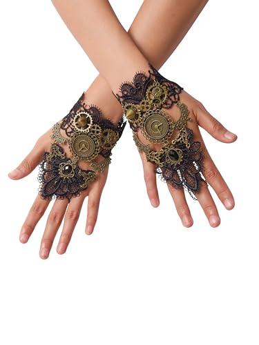 Sacina Black Floral Fingerless Gloves, Victorian Steampunk Wristband, Gothic Vintage Accessories for Women