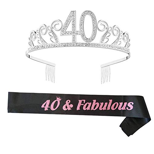 Mkiki 40th Birthday Tiara Crown with Shoulder Strap Set for Birthday Party Supplies (40)