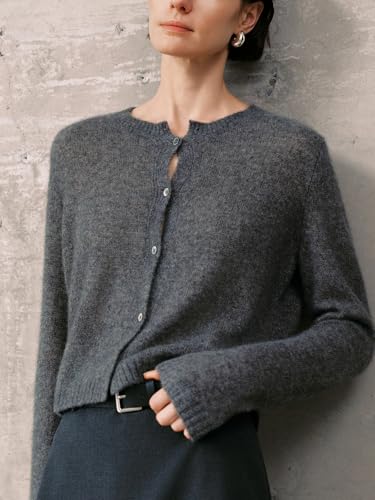 Image of Women's Silk Cashmere Blend Cardigan, Lightweight Soft Knit Round Neck Sweater, Button Front Elegant Layer for Spring & Fall
