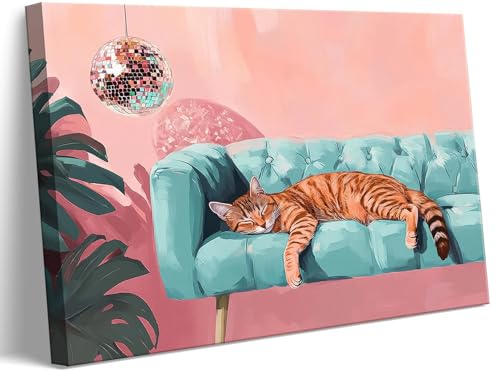 Tabby Cat Disco Ball Canvas Wall Art Cute Quirky Whimsical Animal Poster Prints Trendy Preppy Wall Decor Picture for Girls Bedroom Apartment Dorm Decoration Ready to Hang