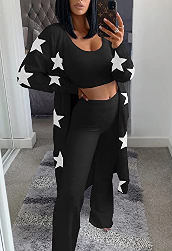 Women's Fuzzy 3 Piece Sweatsuit Open Front Cardigan Crop Tank Tops Wide Legs Pants Lounge Sets2