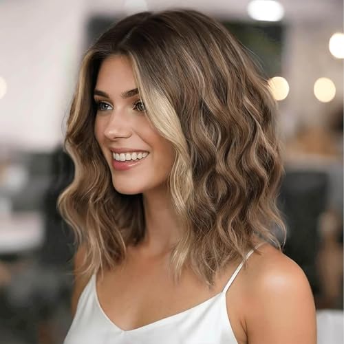 Eawwii Ombre Light Brown With Blonde Short Wavy Wig for Women Lace Hairline Bob Style Synthetic Heat Resistant - Natural Appearance for Everyday Hairstyle 14 Inch
