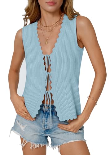 Image of COCCKO Womens Summer Tops Vacation Beach Outfits Cute Tie Front Crochet Vest Knit Sleeveless Sweaters