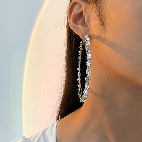Jumwrit Big Hoop Earrings Sparkle Rhinestone Dangle Earrings Silver Huggie Hoop Earrings Large Circle Earrings Accessories for Women4
