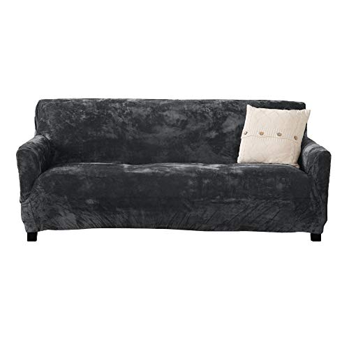 Velvet Plush Stretch Sofa Slipcover. Velvet Sofa Couch Furniture Protector, Soft Anti-Slip, High Stretch for 3 Seat Sofa. (Sofa- 3 Seater, Dark Grey)
