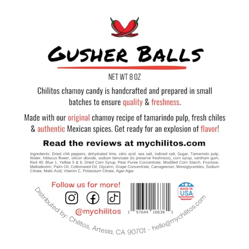 Chilitos Sweet, Sour & Spicy Chamoy Candy - Mexican Gummy Candy & Chamoy Gushers for All Ages, Authentic Dulces Mexicanos Enchilados as Seen on TikTok! (8 oz Jar, Gusher Balls Jar)