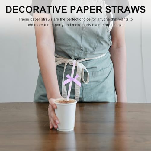 Pitillos desechables de papel con lazo morado 20 cm miniatura 4