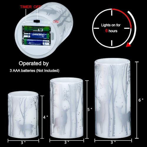 Image of Christmas Flameless Candles with 6H Timer, Real Wax LED Pillar Candles Flickering, Silver Reindeer Birch Battery Operated Candles for Home Decor Christmas Gifts, 3x4 /5 /6 inches