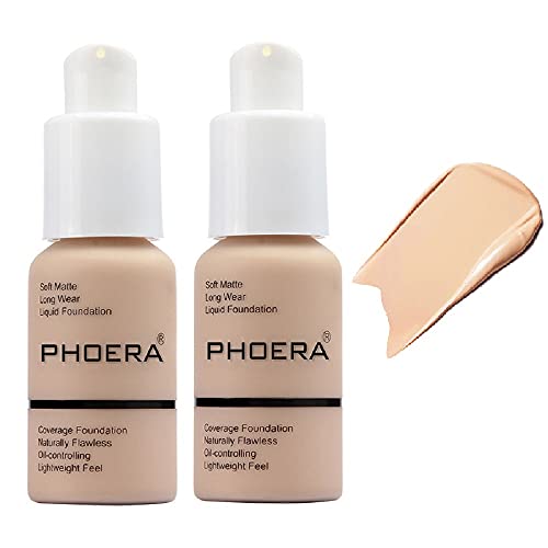 2 Pack PHOERA Foundation 102 Nude Matte Oil Control Concealer Foundation Cream PHOERA Long Lasting Waterproof Matte Liquid Foundation for Women Girls