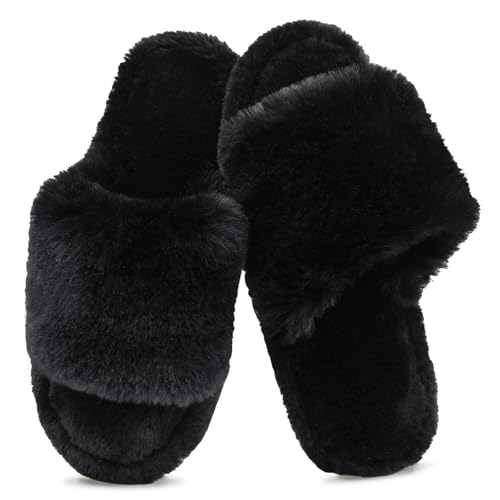 Rosoz Women's Soft Plush Fuzzy Slippers Memory Foam Anti-Skid Sole House Bedroom Shoes Indoor Outdoor Open Toe Sandals