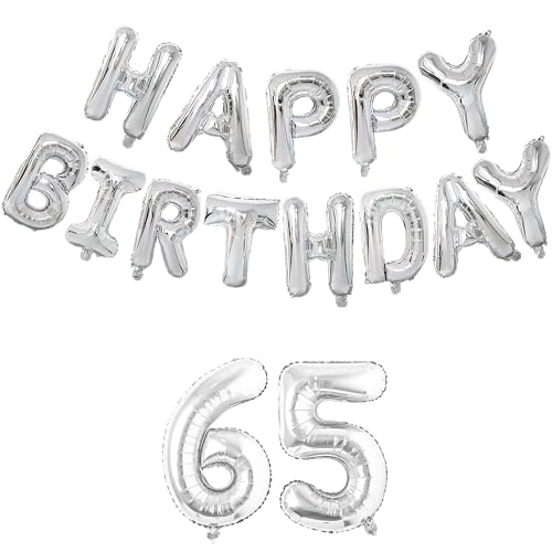Image of Flyloons 65th Silver Colour Happy Birthday Foil Balloon Set for 65 Year Old Men Women | with Number Sixty-five | 13 Letters Reusable Happy Birthday Metallic Foil Balloons Decoration Kit,15 piece