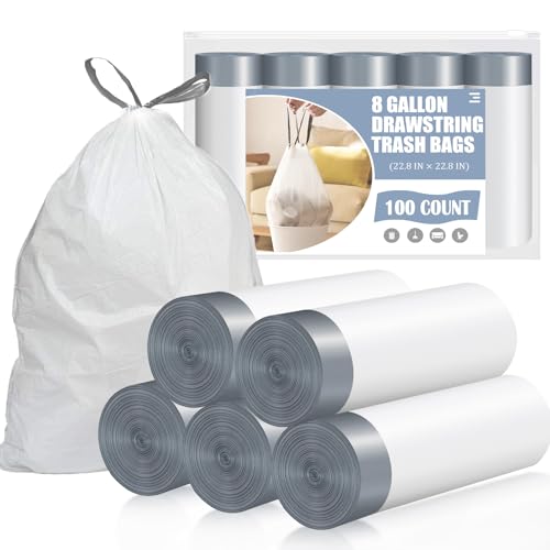 Drawstring 8 Gallon Trash Bags - 100 Count Pre-separated Medium Trash Bags 8 Gallon, Unscented White 8 Gal Garbage Bags