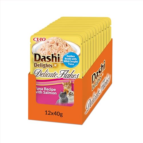 INABA Dashi Delights Delicate Flakes, Copos en Caldo para Gatos de Atún y Vieira, Comida Húmeda Rica en Proteínas, Ingredientes Naturales, Snack Húmedo para Gatos, Sopa para Gatos, 12 Sobres x 40 g
