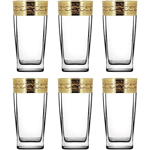 Highball Glasses Set of 6/ Drinking Glasses/ Clear Coctail Glasses with Gold Patterned Rim/ Water Glasses/ Juice Glasses/ Tumblers/ 310ml/ Gift Set for Women and Men (Classic Pattern - Fast Delivery) Cover