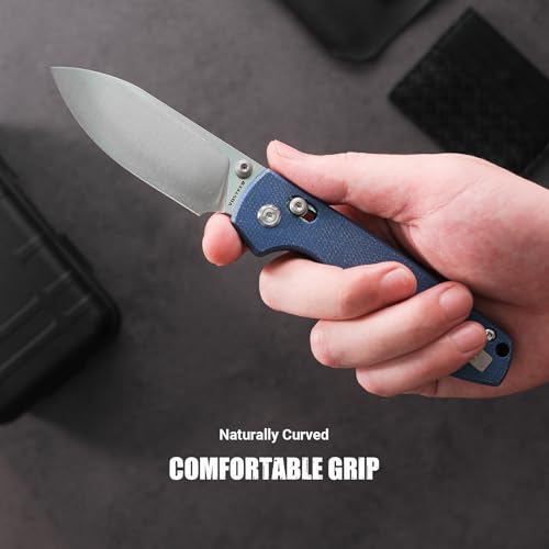 Image of Vosteed Raccoon EDC Pocket Knife - 3.25 inch Sandvik 14C28N Satin Blade - Crossbar Lock, Dark Blue Micarta Handle - Camping, Hiking Knives - A0505
