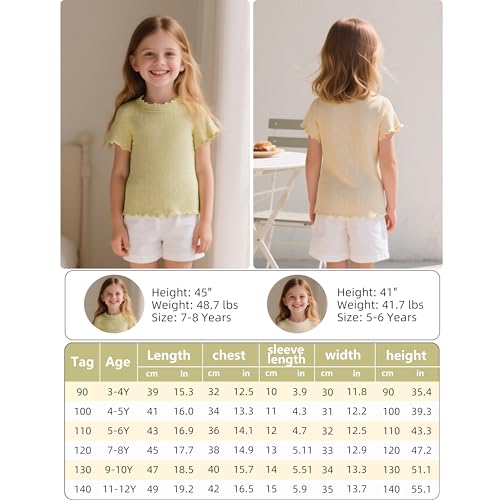 Image of Girls Summer Lettuce Trim Ribbed Knit Short Sleeve T-Shirts Solid Color Casual Blouse Tops