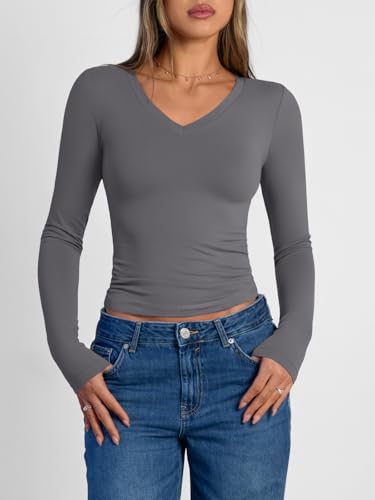 Image of Trendy Queen Womens Long Sleeve Shirts 2026 Fall Fashion Basics Crop Tops