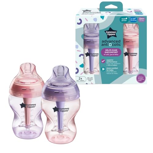 Image of Tommee Tippee Advanced Anti-Colic Baby Bottles, Newborn 0m+, 9oz | Pack of 2, Slow Flow Breast-Like Nipple, Unique Design Keeps Air Away from Milk, Pink & Purple, BPA Free