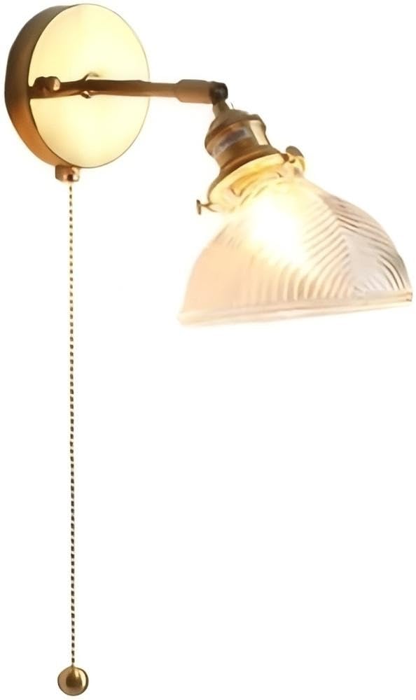 Applique da Parete in Ottone Anticato Vintage con Vetro Rigato, Interruttore a Catena cablato, Braccio Regolabile, Lampada da Parete per Isola Cucina, Camera da Letto, Soggiorno, Sala da Pranzo,