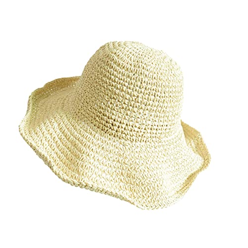 Mashaouyo Sombrero de neopreno para el sol hecho a mano, sombrero de vaquero con ala fruncida y sombrero de playa de papiro elevado, sombrero de protección solar Jan y Jul, beige, M