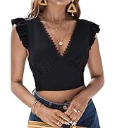 BEAUDRM Women's Casual Contrast Lace Cap Sleeve V Neck Ruffle Trim Slim Fit Crop Blouse Shirts Top