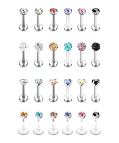 24 Pcs 16G Hypoallergenic Stainless Steel Labret Lip Monroe Medusa Stud Piercing For Women Men 3mm Cubic Zirconia Forward Helix Earrings Cartilage Tragus Piercing 6mm 8mm