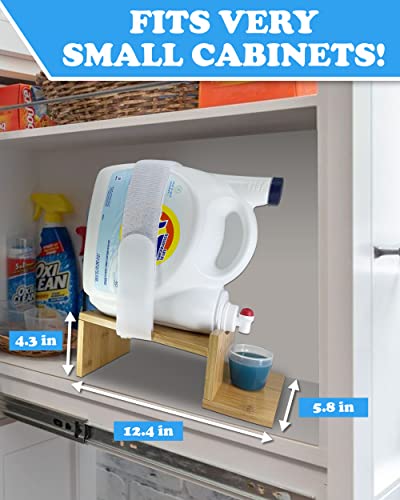 Image of Liquid Laundry Detergent Holder Stand with Tray & Strap - 1 Pack - Wood | Easy Pouring, Rubber Feet, Angled Stand, Fabric Softener Dispenser for Laundry Room Organization & Storage