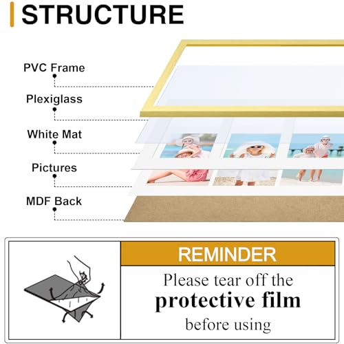 decorUhome 8x14 Picture Frames Collage Wall Decor, Display 3Pcs 4x6 Photos with Mat or 1Pcs 8x14 Unmatted, 3 4x6 Collage Picture Frames for Wall Mounting, Gold