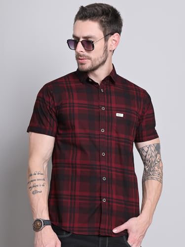 Image of Majestic Man Men Comfort Slim Fit Checked Pure Cotton Half Sleeve Casual Shirt