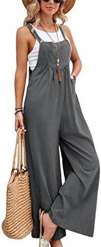Dqbeng Overalls Womens Boho Summer Cotton Bib Wide Leg Overall Jumpsuit for Women Casual (Grey-XXL)