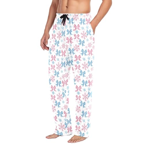 Mens Cotton Pajama Pants Sleep Lounge Pj Bottoms Sleepwear with Pockets Drawstring S Light Blue Bow Snowflakes4