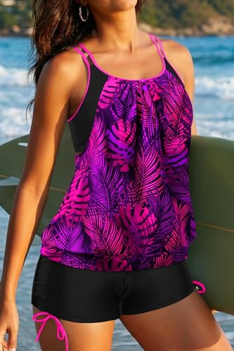 Image of Holipick Tankini Swimsuits Two Piece Tummy Control Bathing Suits Blouson Swim Tank Top with Boy Shorts