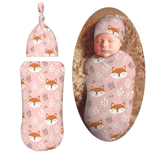 Image of Muishi Cute Fox Pink Newborn Swaddle Blankets Hat Sets Soft Baby Receiving Blanket Swaddle Sack for Baby Shower Infant Boy Girl Gift