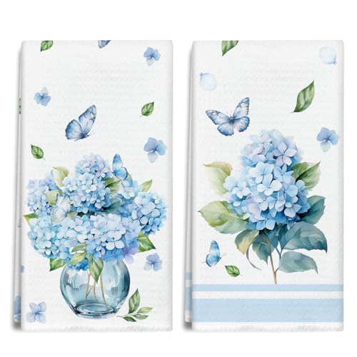 TRKAE Hydrangea Vase Kitchen Towels and Dishcloths Set of 2, Butterfly Spring Decorative Hand Towel Drying Cloth for Bathroom, Housewarming Gift for Hostess, Women, 16x24 Inches -11