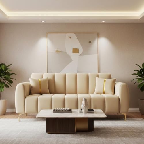 Image of FURNY Harmony 2 Seater Velvet Fabric Sofa Set (Beige) with Golden Finish Legs Durable & Comfortable Ideal for Living Room
