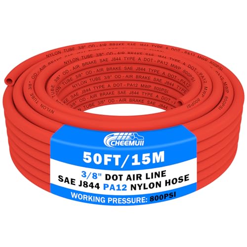 Image of CheeMuii 50 FT 3 /8 inch DOT Air Line Red 3 /8 PA12 Nylon Pneumatic Tubing 15.2 Meter 3 /8 Inch OD Pneumatic Air Tubing Pipe Hose Line for Semi Truck Trailer or Industrial Air System