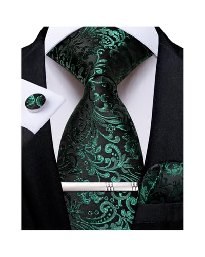 Image of DiBanGu Silk Floral Ties for Men Woven Paisley Necktie and Tie Clip Handkerchief Cufflinks Set for Party Wedding