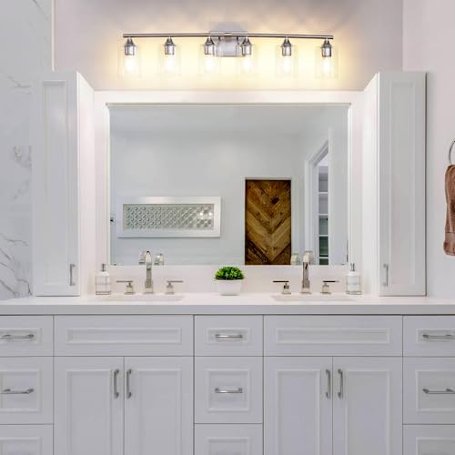 Image of 6-Light Bathroom Lighting Fixtures Over Mirror,Brushed Nickel Light Fixture Bathroom,Vanity Light with Clear Glass Shade,Modern Wall Lights for Mirror Bedroom Living Hallway
