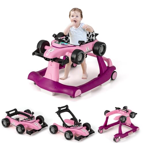 GOPLUS 4 en 1 Trotteur Bébé Garçon Fille, Trotteur Bebe Marche Pliable avec 3 Hauteur Réglable, Vitesse Réglable Coussin Amovible, Musique et Lumière,...