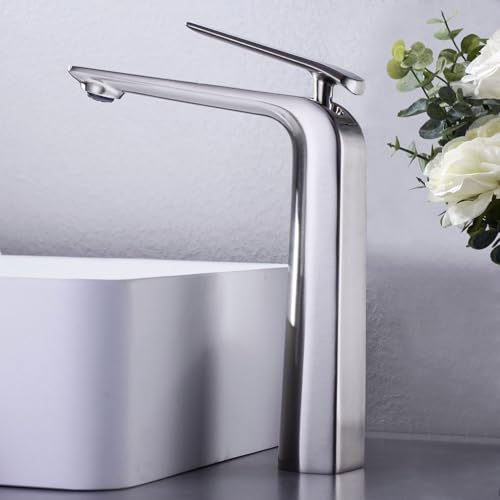 TOCALOCA Tall Vessel Sink Faucet, Premium Brass Mixer Tap Brushed Nickel Single Handle Vanity Faucet