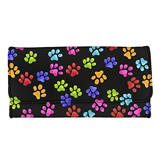 Jeiento Leather Wallets for Women Colorful Paws Print Travel Business Shopping Money Clips Handbag Purse Clutch Bag Birthday Gift for Girls