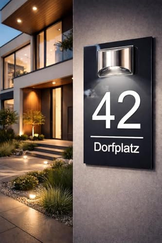 Manschin-Laserdesign Premium Hausnummer mit LED Solar Beleuchtung 5mm Acrylglas Anthrazit Hochglanz Wetterfest Individuell Anpassbar H1023 Anthrazit Hochglanz