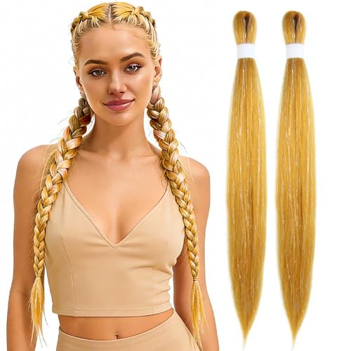 KAVSORAPI Gold Tinsel Hair Extensions 30 inch 2 Pack Glitter Pre Stretched Braiding Hair for Women Girls & Kids Long Synthetic Yaki Straight Fiber- Festive Party DIY Styling Accessories(Gold)