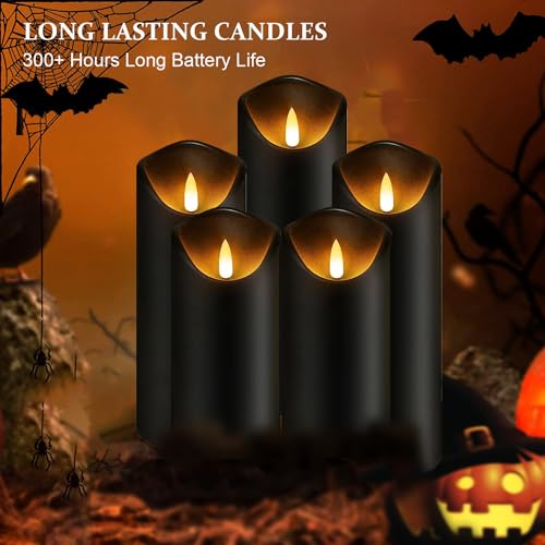 Image of Black Pillar Flameless Candles 3D Wick with Controller,led Slim Candles Flicering Flame,Battery Operated Fake Plastic Candles for Halloween Christmas,Party Decor.(5Pack H 5 inch 5 inch 6 inch 6 inch 7 inch x D 2.2 inch)