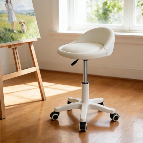 Image of Swivel Rolling Stool Drafting Chair with Wheels Beige Set of 1 | Height Adjustable PU Leather Drafting Chair, Round Seat for Salon, Spa, Tattoo, Office, Home Use