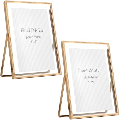 FineLiMoLa Gold 5x7 Floating Picture Frames 2Pack for Photo Sizes(3.5x5&4x6) Beaded Metal Edge Adjustable Tabletop/Shelf Display for Wedding Home & Office Decor