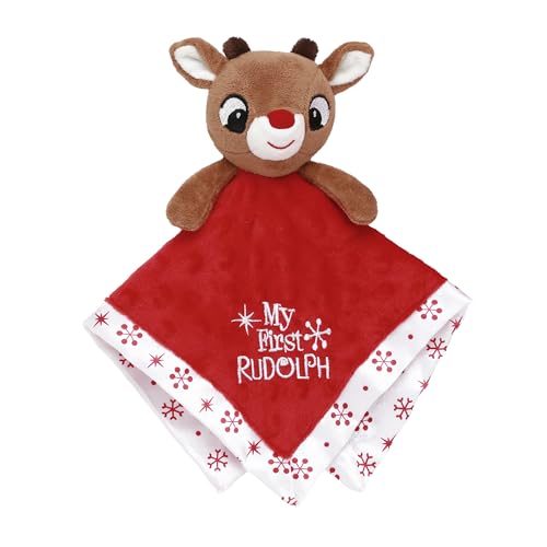 Image of Baby Plush Rattle Snuggle Blanket with Satin and Embroidery, My First Rudolph (Christmas Red, 12 inch)