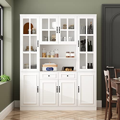 AIEGLE-Freestanding-Kitchen-Pantry-with-Glass-Doors-Hutch-Large-Kitchen-Pantry-Storage-Cabinet-with-5-Tier-Shelf-Tall-Kitchen-Pantry-Cabinet-Cupboard-for-Dining-Room-Living-Room-White AIEGLE Freestanding Kitchen Pantry with Glass Doors Hutch Large Kitchen Pantry Storage Cabinet with 5 Tier Shelf Tall Kitchen Pantry Cabinet Cupboard for Dining Room Living Room White