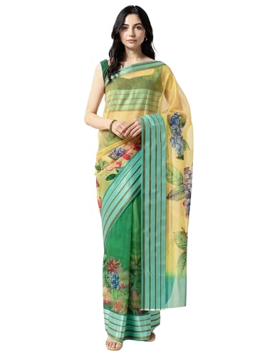Image of AKHILAM Women's Green Organza Floral Printed Saree With Unstitched Blouse Piece(SAGE1004 AI)