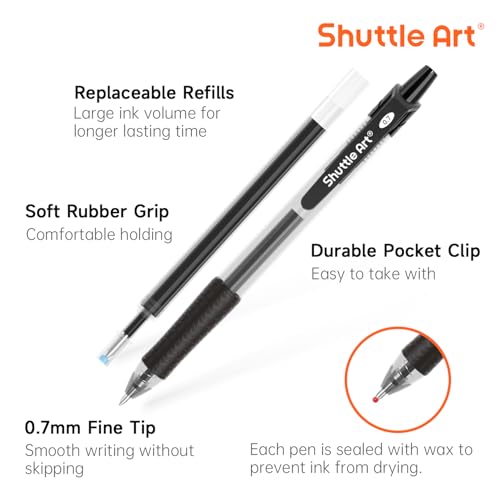 Image of Shuttle Art Black Gel Pens, 48 Pack(20 Pens with 28 Refills) Retractable Medium Point Rollerball Gel Ink Pens Smooth Writing with Comfortable Grip for Office School Home Work